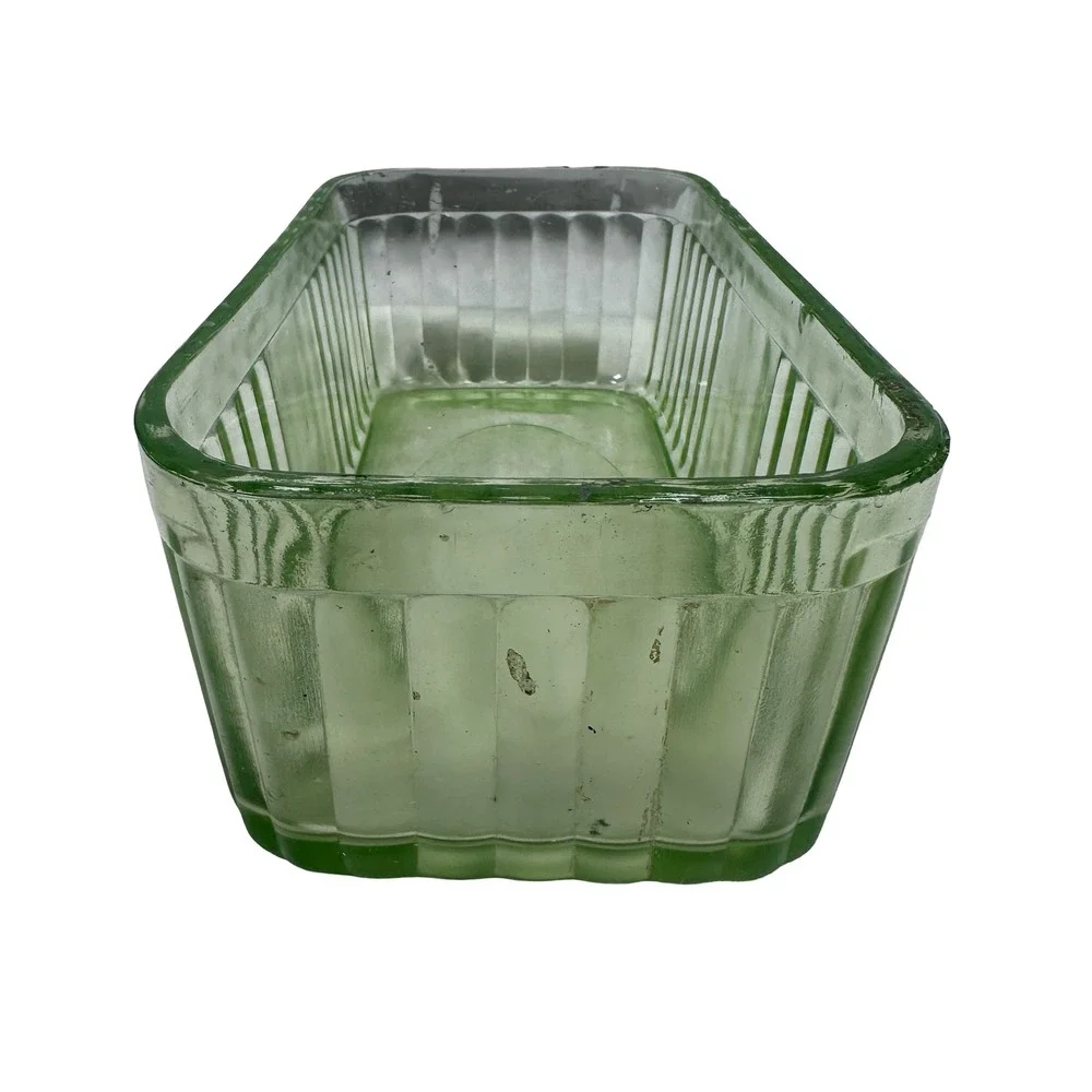 Vintage Green Uranium Depression Glass Ribbed Rectangular Refrigerator Dish